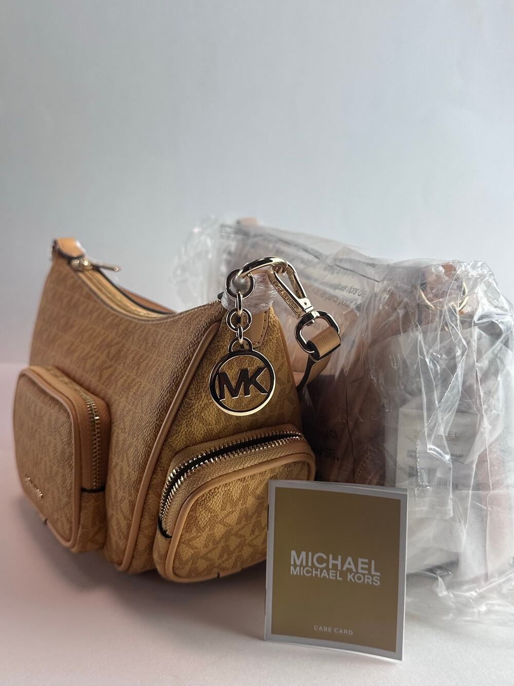 Michael Kors Merritt Small Shoulder Bag Honeywheat Cargo Monogram NWT